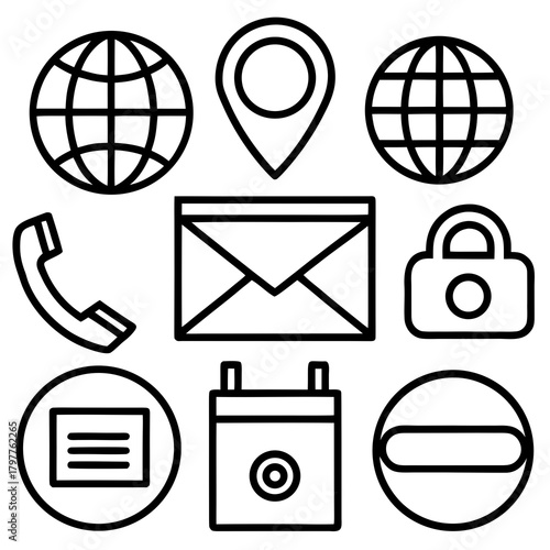 Set of nine communication and contact icons in outline style