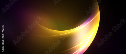 Abstract design features flowing curves, vibrant colors. Gold, purple hues blend into dark background. Smooth gradients create dynamic visual effect.