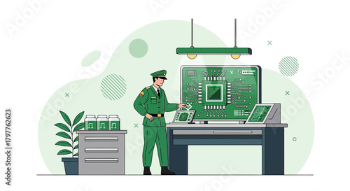 Security professional in futuristic tech lab, overseeing advanced circuit board development