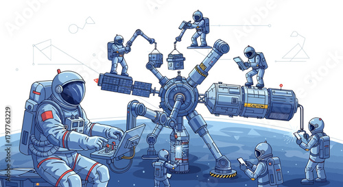 Team of Astronauts Constructing a Space Station in Orbit Collaborative Efforts in Cosmic Exploration