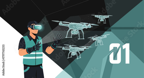 Technician controlling multiple drones with virtual reality headset for industrial solutions