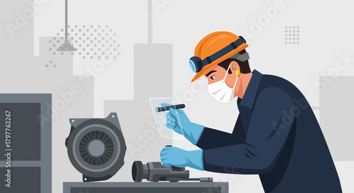 Technician precisely analyzing machinery component for enhanced manufacturing precision