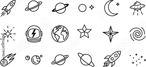 Collection of hand drawn doodle icons representing space and astronomy elements