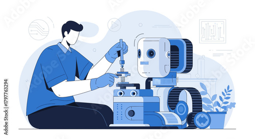 Technician meticulously calibrating a humanoid robot in advanced robotics laboratory setting