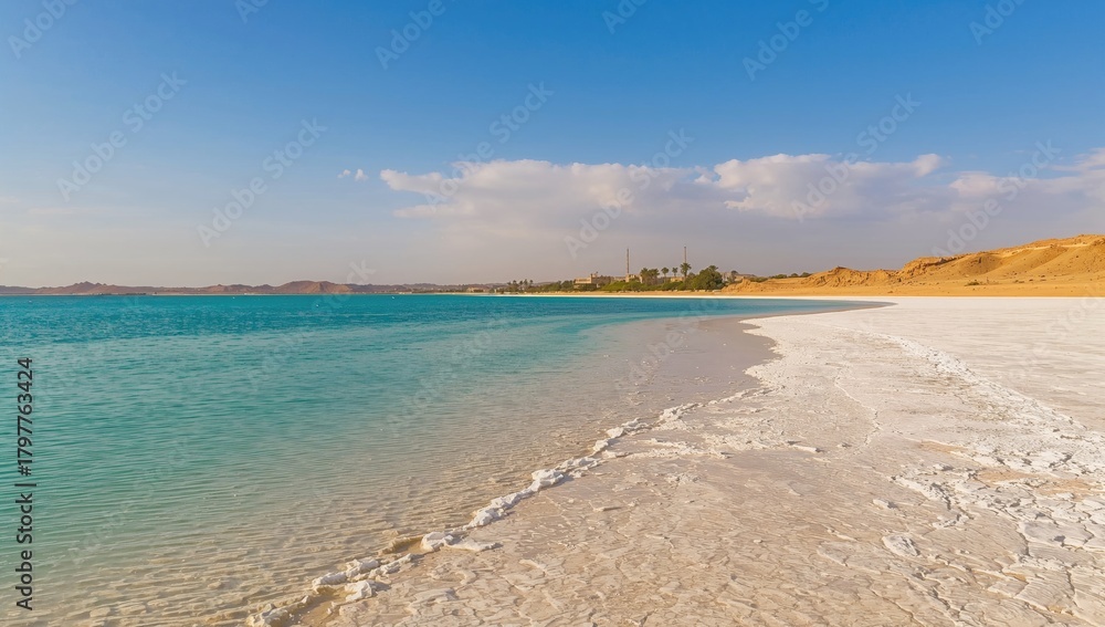 Obraz premium A saltwater lake with transparent water and white salt deposits along its shores near a desert oasis.