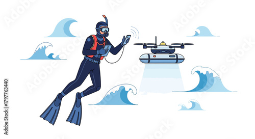 Underwater exploration technology illustration showcasing diver and autonomous drone interaction