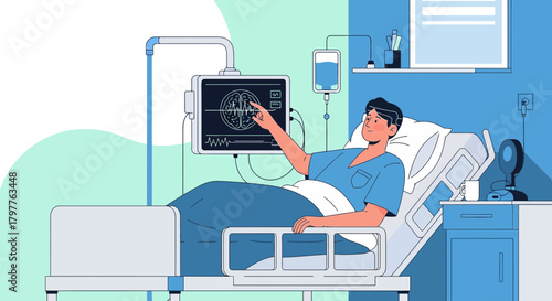 Vector illustration of a patient in a hospital bed with medical equipment looking at results shown