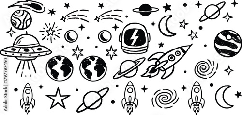 Whimsical hand drawn space doodles featuring planets rockets stars and ufos