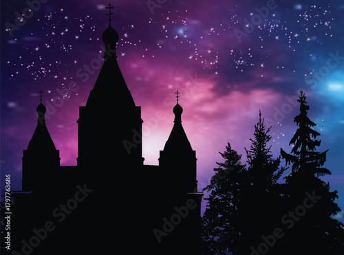 castle and trees silhouettes at lilac night