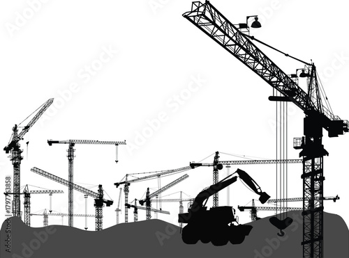 industrial landscape with grey tower cranes