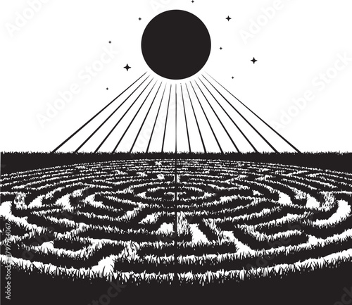 Isolated a kind of maze or labyrinth under sun vector silhouette evoking puzzle mystery navigation challenges and intellectual adventure quests