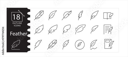 Feather Icons Soft, Lightweight, Quill Line Vector Set, Feather Symbol Collection, Outline, Silhouette, Illustration Pack, Soft Feather, Quill Graphics Bird, Wing,Light Material Vector bundle.