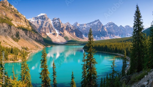 Moraine Lake surrounded by Rocky Mountains, seasonal change