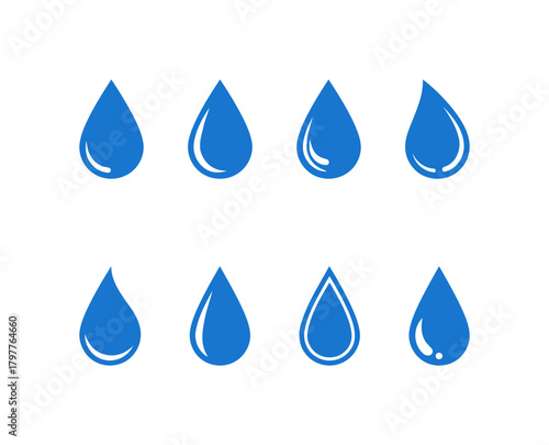 Simple Blue Water Drop and Raindrop Vector Icons Set: Collection of Various Aqua Shapes Representing Liquid, Purity, Environment, and Wetness Design