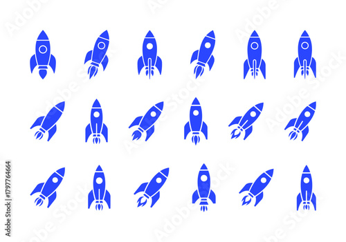Blue Rocket Ship Launch Silhouette Vector Icons Set: Collection of Spacecraft Designs with Fire and Thrust, Symbolizing Startup, Innovation, and Exploration