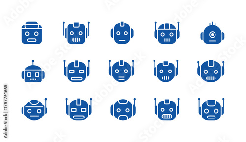 Blue Robot Head and Android Face Silhouette Vector Icons Set: Collection of Various Sci-Fi Cybernetic Characters Representing Artificial Intelligence and Technology