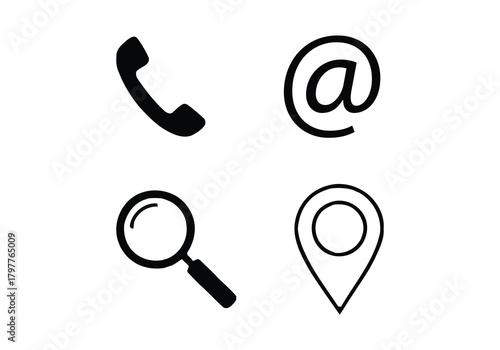 Simple black icons representing communication search and location