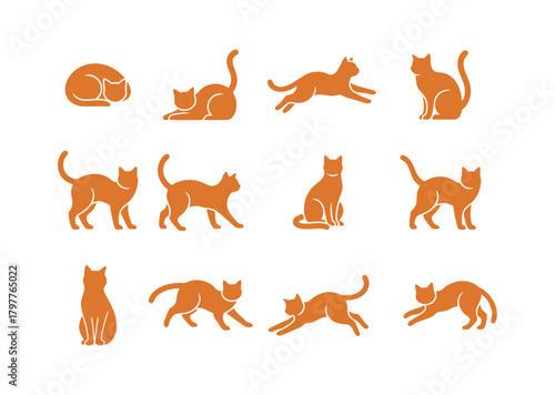 Orange Cat Silhouette Vector Icons Set: Collection of Various Feline Poses Including Sitting, Playing, and Sleeping, Representing Pets and Animals