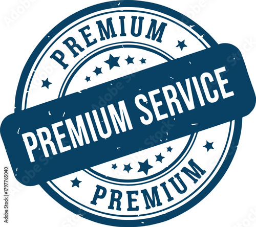 Blue Premium Service Stamp with Stars on White Background text