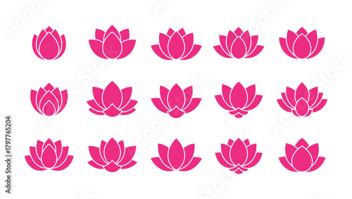 Set of Fifteen Pink Lotus Flower Icons in Flat and Minimalist Style for Yoga, Spa, and Beauty Logos Vector Collection.