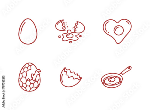 Outline Set of Six Egg Icons Showing Whole, Broken, Heart-Shaped Fried Egg, and Dinosaur Egg Vector Illustration.