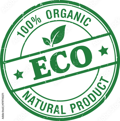Green Eco Organic Natural Product Stamp with Leaves and Stars vector