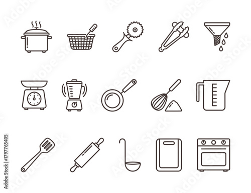 Outline Set of Fifteen Kitchen Utensil and Cooking Tools Icons: Pot, Frying Basket, Pizza Cutter, Scale, Blender, and Oven.