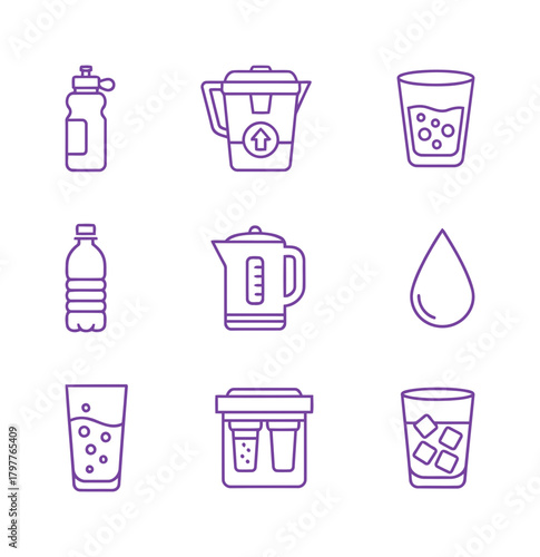 Outline Set of Nine Water Icons: Sports Bottle, Plastic Bottle, Filter Jug, Kettle, Water Drop, Glasses, and Filter System.