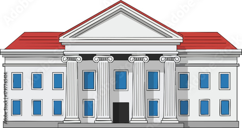 Classical Building Illustration with Columns and Red Roof
