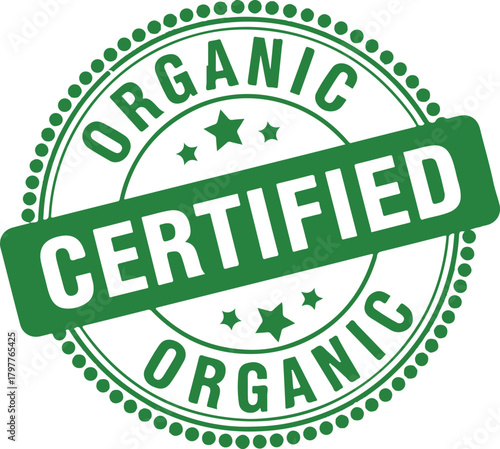 Green Organic Certified Stamp with Stars on White Background seal