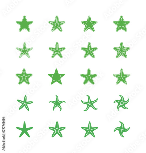 Set of Sixteen Green Starfish and Sea Star Icons in Different Designs, Outlines, and Shapes Vector Illustration.