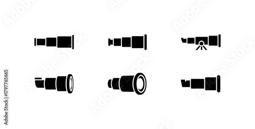 Set of Six Black Telescope and Monocular Icons in Silhouette Style for Science, Observation, and Exploration Vector.