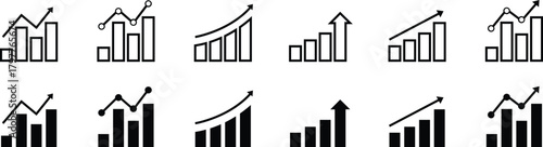 Growth icon set. Containing arrow up, growing graph, business chart icons. Vector illustration.