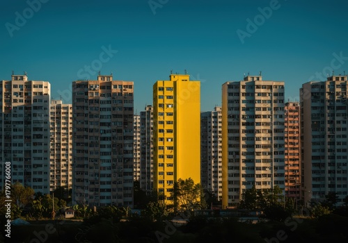 A line of tall residential buildings featuring a distinct bright yellow structure positioned prominently in the middle of the architectural row ,city, dense, unique