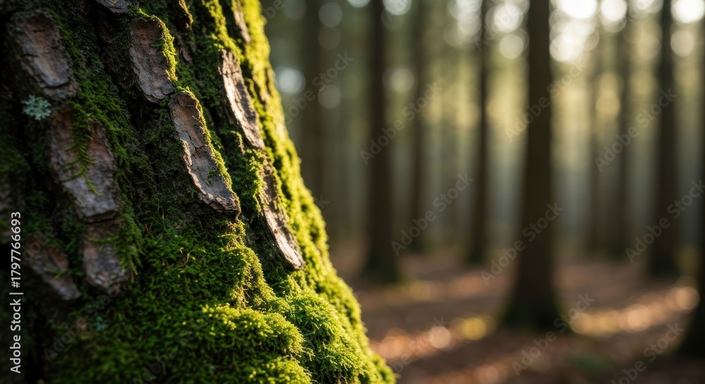 Obraz premium Moss-covered tree trunk in sunlight, with a blurred forest backdrop