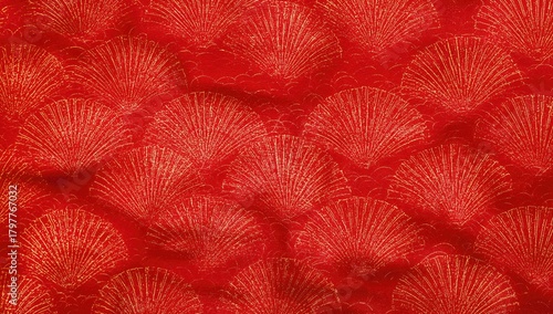 Red wave pattern fabric featuring a Japanese fan design with gold accents, suitable for textile applications