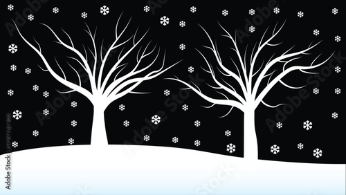 Winter snow falls in the forest, dry trees, falling leaves, night atmosphere