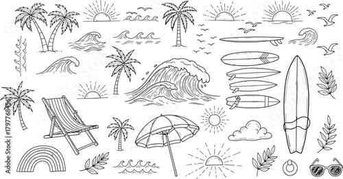 Hand drawn sketch of beach scene with surfboards lounge chair umbrella and palm trees