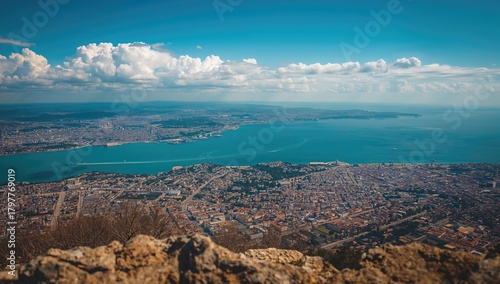 Fototapeta Naklejka Na Ścianę i Meble -  Aerial view of the Marmara Sea with Istanbul in the background, highlighting urban density