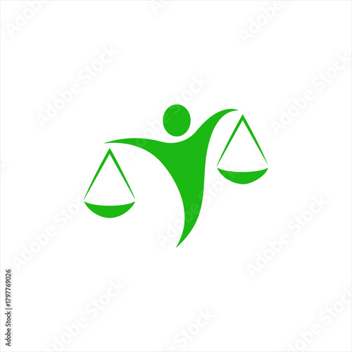Green human figure holding scales of justice symbolizing balance and fairness