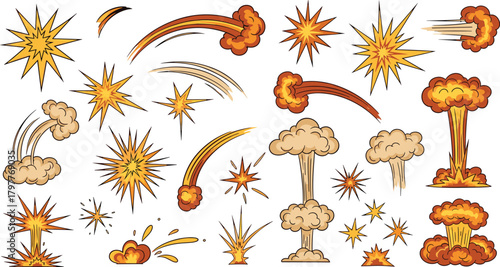 Comic book explosion set, cartoon bomb blasts, mushroom clouds, vector pop art.