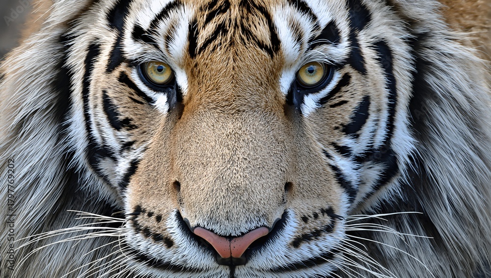 Obraz premium Close-up of a Siberian tiger, showcasing detailed fur texture and ferocious gaze, highlighting endangered species awareness