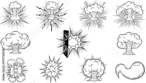 Comic book explosion set, bomb blasts, mushroom clouds, blue line art vector.