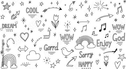 Hand drawn doodle elements, cute stars, arrows, hearts, rainbows, vector set.