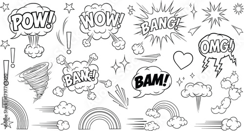 Pop art comic elements, sound effects, speech bubbles, stars, rainbows, vector set.