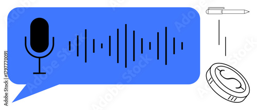 Microphone icon with sound waves in blue speech bubble, pen, and coin. Ideal for communication, technology, audio recording, podcasting, voice services innovation finance. Simple flat metaphor