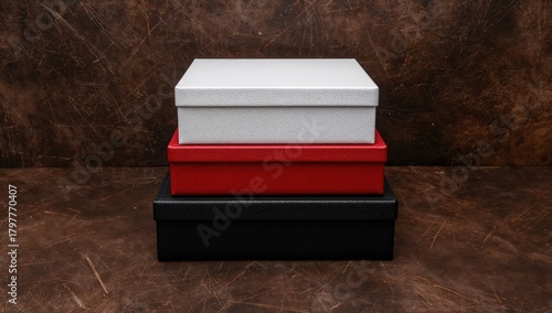 Stack of photobook boxes, showcasing leather and fabric textures, ideal for editorial header background