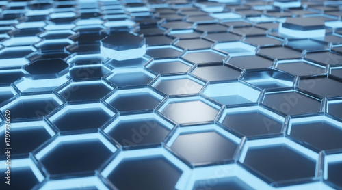 Abstract metallic blue hexagonal honeycomb background with glowing light edges showing futuristic technology surface concept