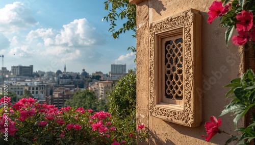 Fototapeta Naklejka Na Ścianę i Meble -  Small window overlooking an urban landscape, highlighting the challenges of urban density