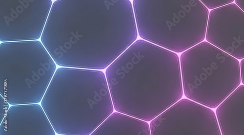 Close up abstract dark background featuring interconnected glowing bright neon blue pink purple geometric hexagonal pattern network structure